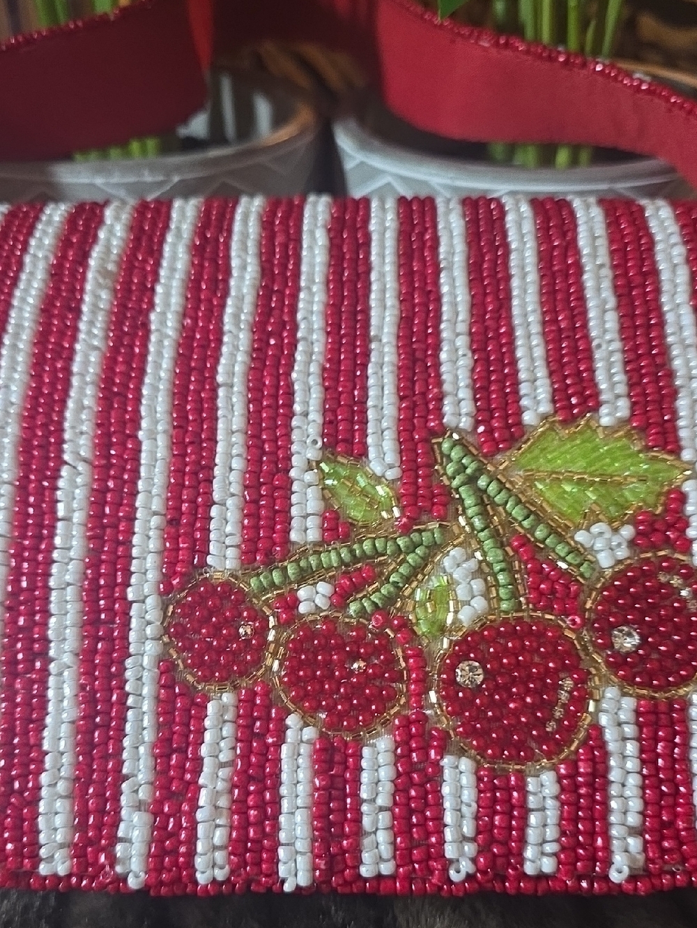 NWT STUDIO TAG SM. Red & White Striped Beaded Cherry SHOULDER BAG. - Picture 6 of 10